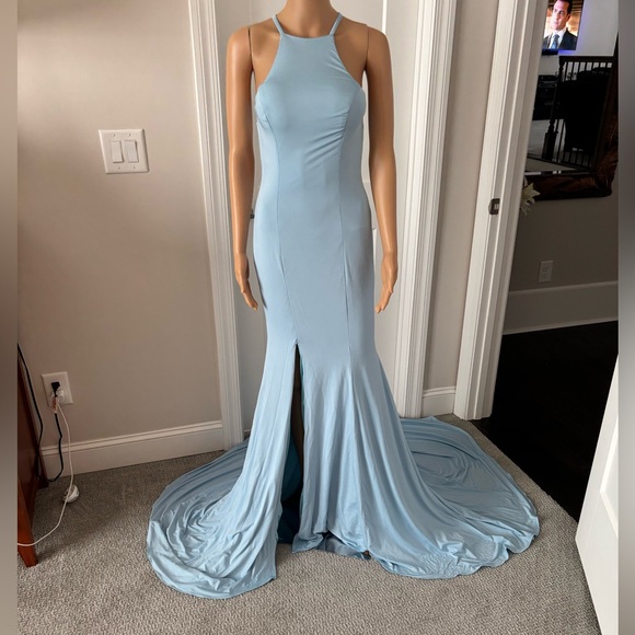 Long Formal Blue Dress (new with tags) Spaghetti Straps, Split-Front, Backless, - Picture 3 of 14
